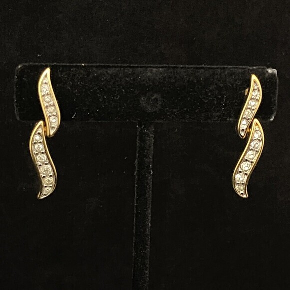 Monet Gold & White Rhinestone Feather Leaf Dangle Post Earrings - Picture 2 of 10